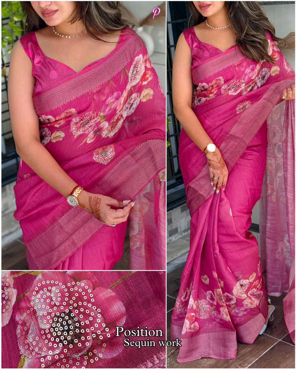 Elegant Floral Printed Cotton Silk Saree with Sequins & Tassels