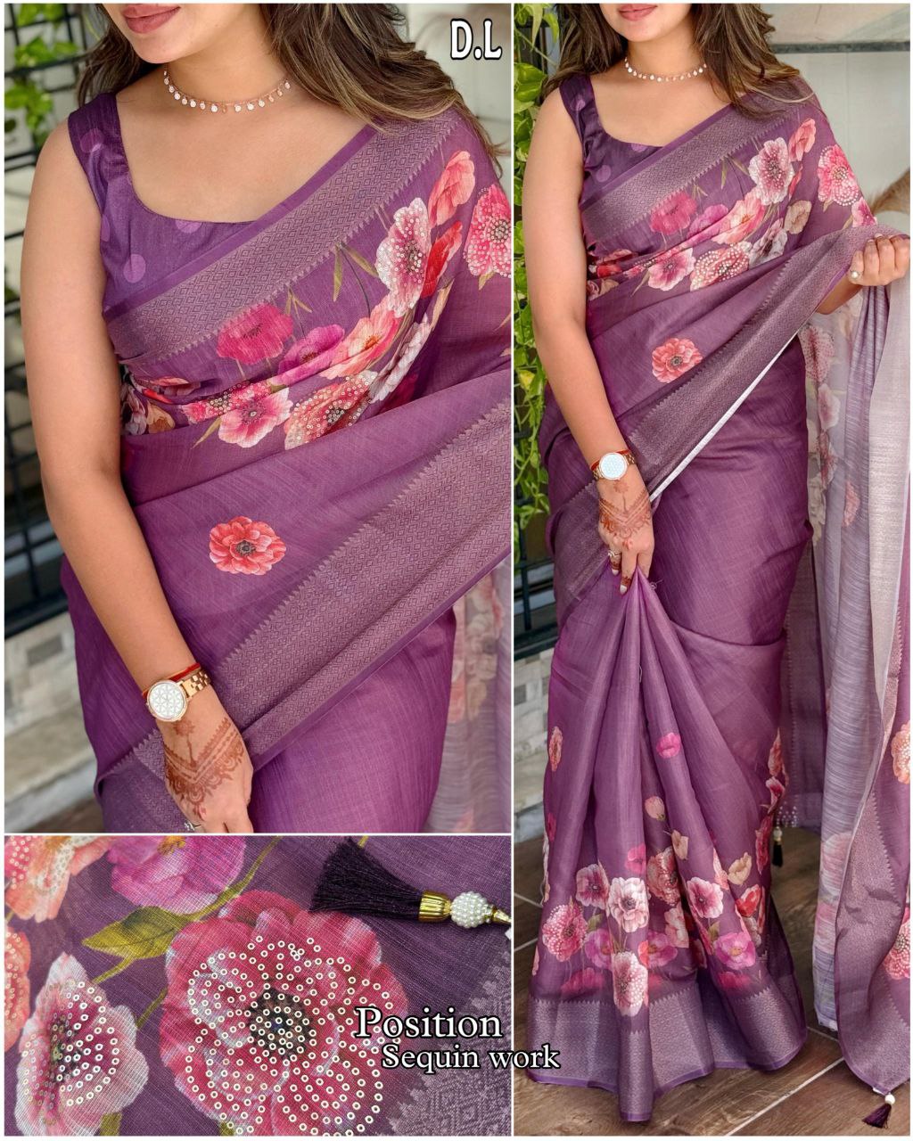 Elegant Floral Printed Cotton Silk Saree with Sequins & Tassels