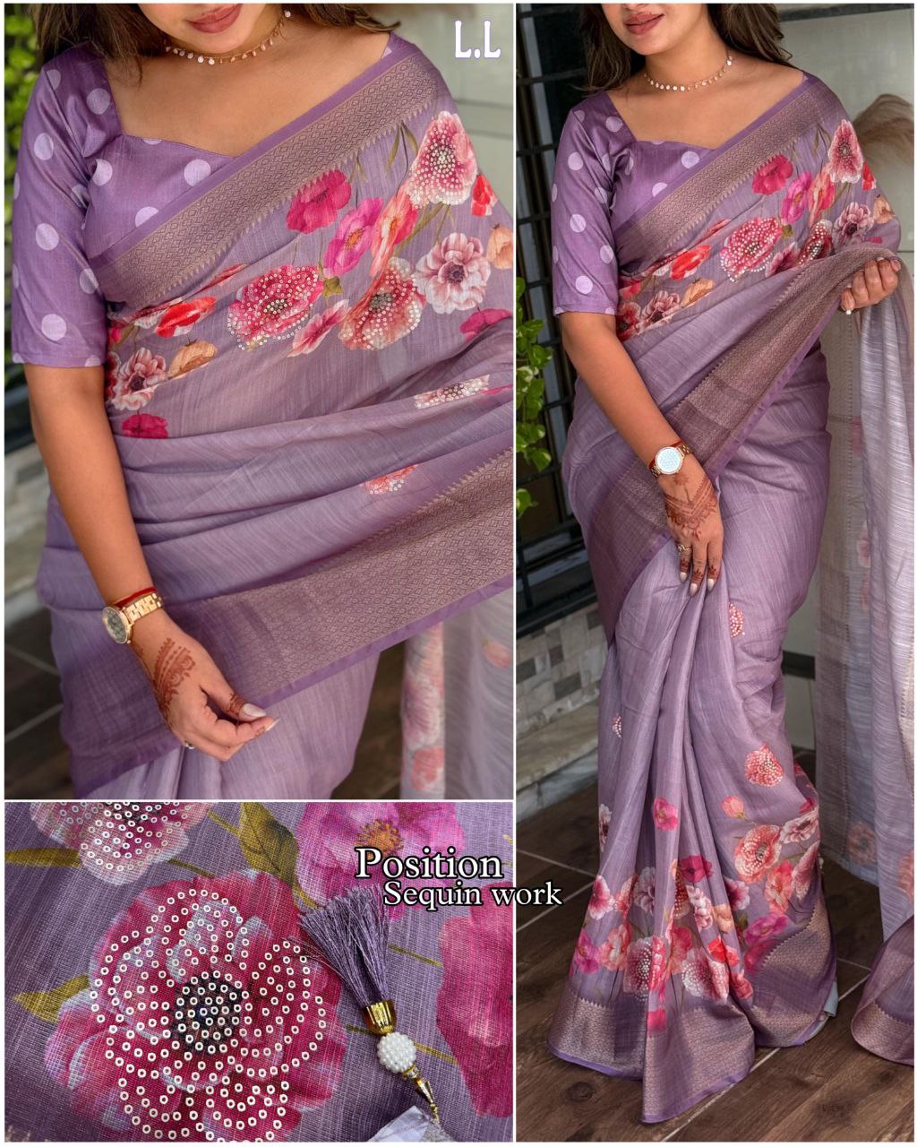 Elegant Floral Printed Cotton Silk Saree with Sequins & Tassels