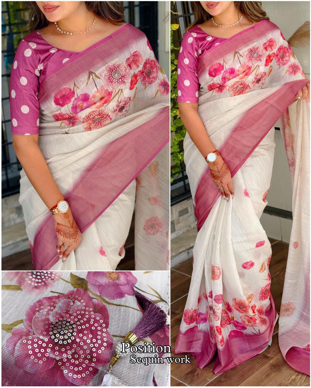 Elegant Floral Printed Cotton Silk Saree with Sequins & Tassels