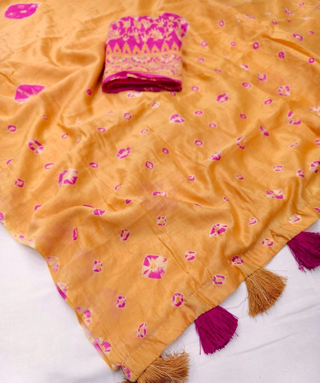 New Fancy Hand Bandhej Shibori Pure Chanderi Cotton Saree with Block Print Blouse