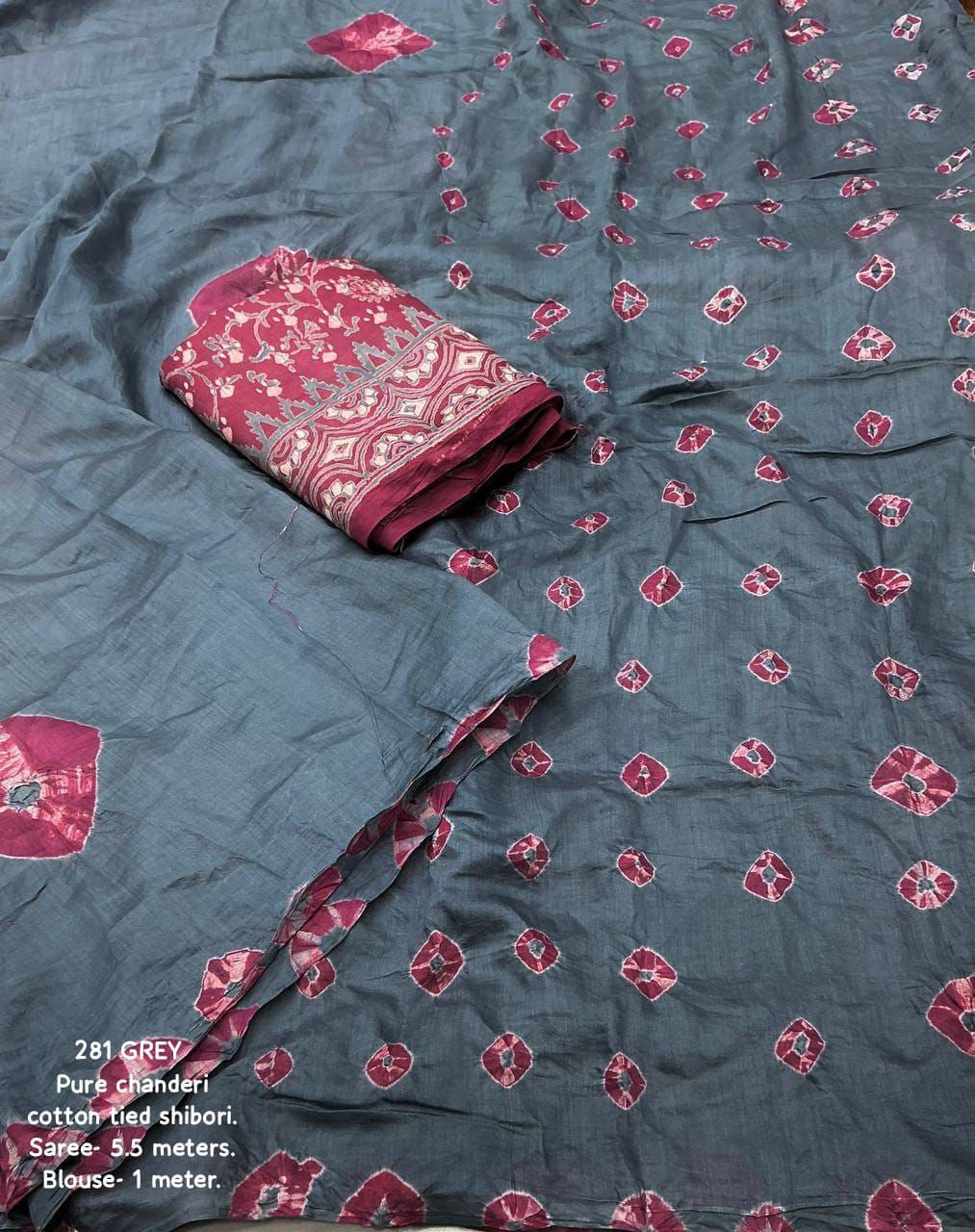 New Fancy Hand Bandhej Shibori Pure Chanderi Cotton Saree with Block Print Blouse