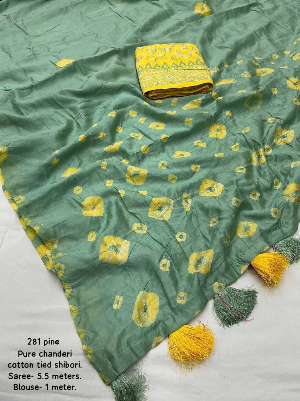 New Fancy Hand Bandhej Shibori Pure Chanderi Cotton Saree with Block Print Blouse