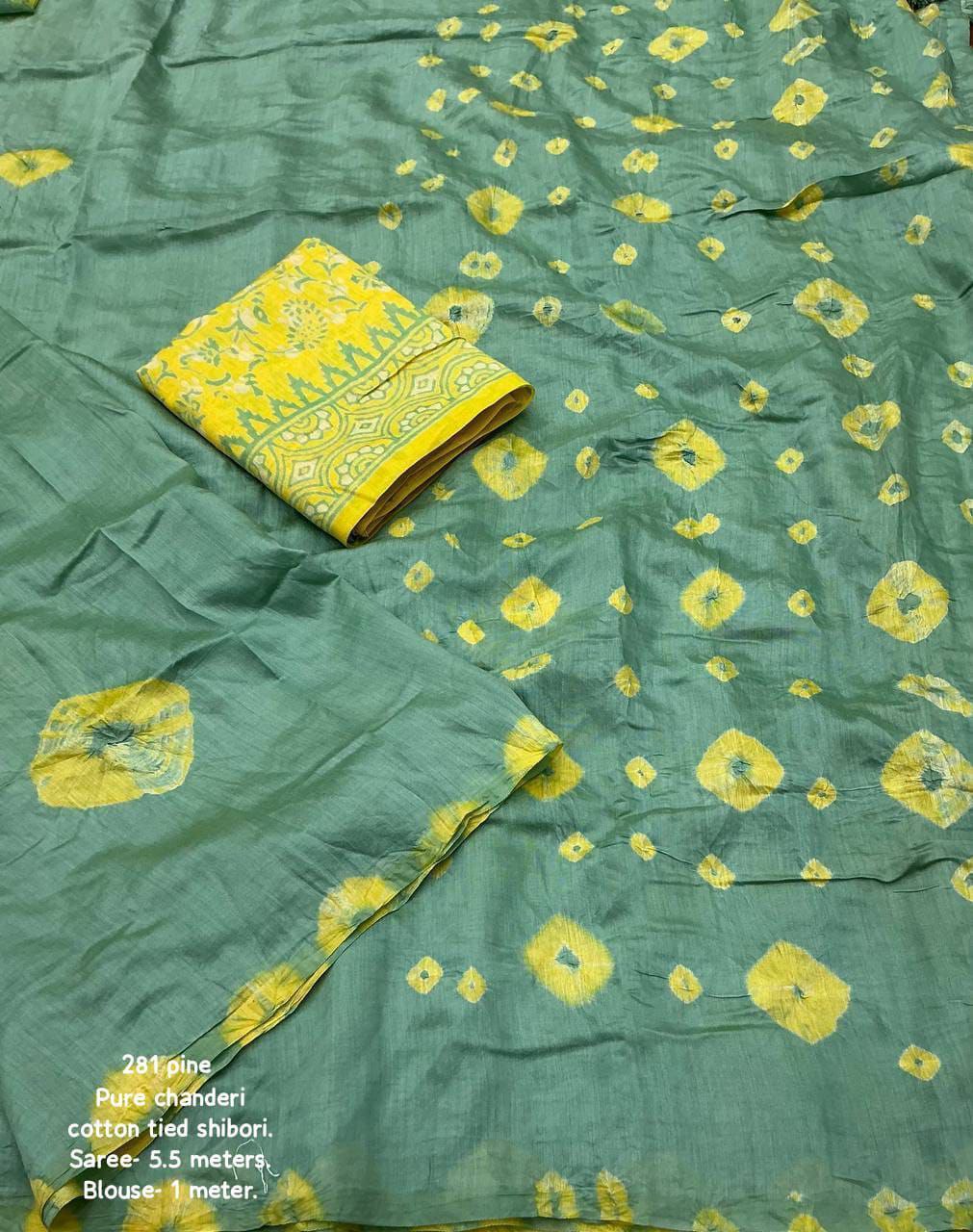 New Fancy Hand Bandhej Shibori Pure Chanderi Cotton Saree with Block Print Blouse