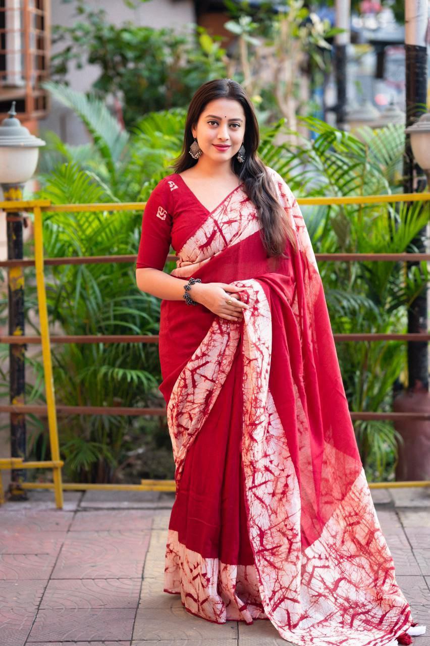 Hand Block Batik Print Chanderi Cotton Saree with Running Blouse