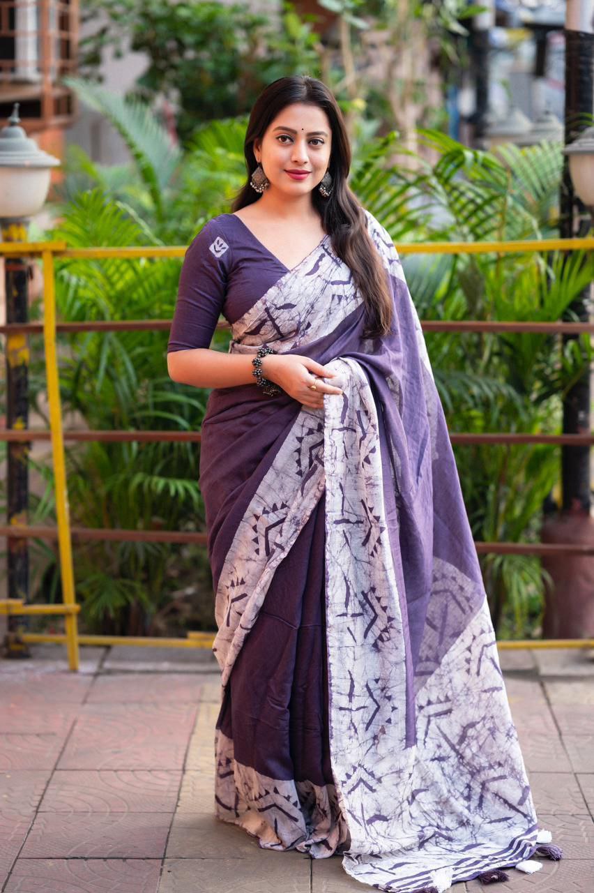 Hand Block Batik Print Chanderi Cotton Saree with Running Blouse