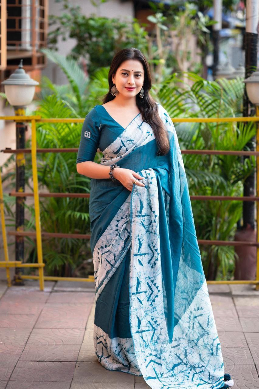 Hand Block Batik Print Chanderi Cotton Saree with Running Blouse