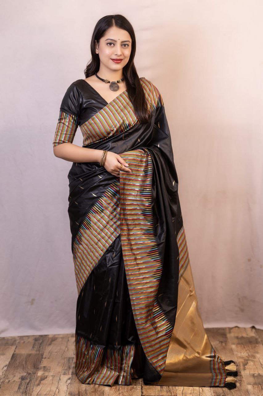 Women's  Ivory  Zari Woven Multi-Lining Soft Silk Saree with Running Blouse