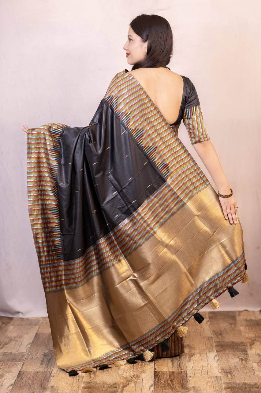 Women's  Ivory  Zari Woven Multi-Lining Soft Silk Saree with Running Blouse