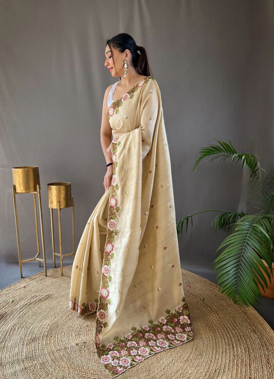 Pure Matka Silk Saree with Embroidered Buttis & Cutwork Pallu