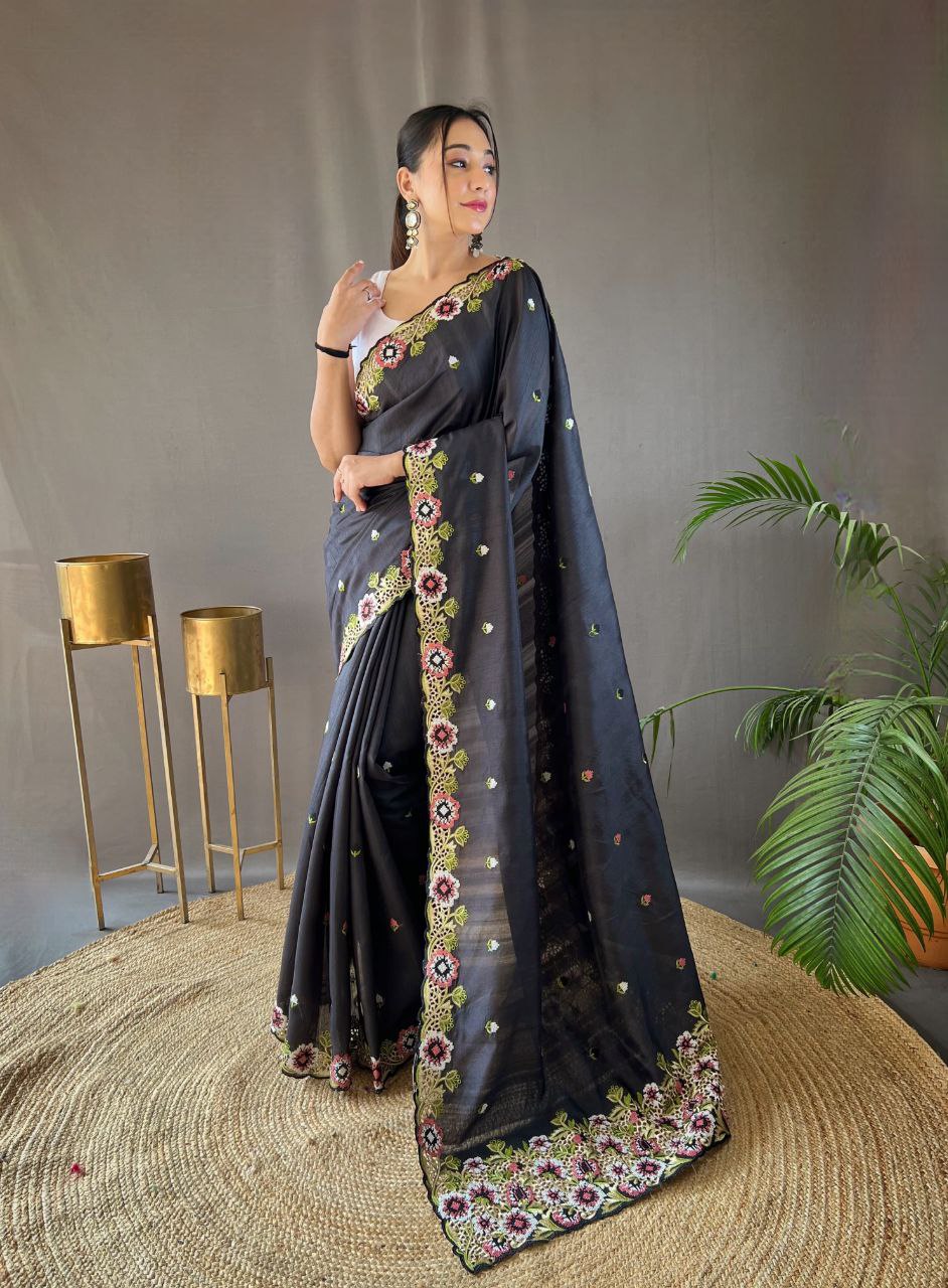 Pure Matka Silk Saree with Embroidered Buttis & Cutwork Pallu