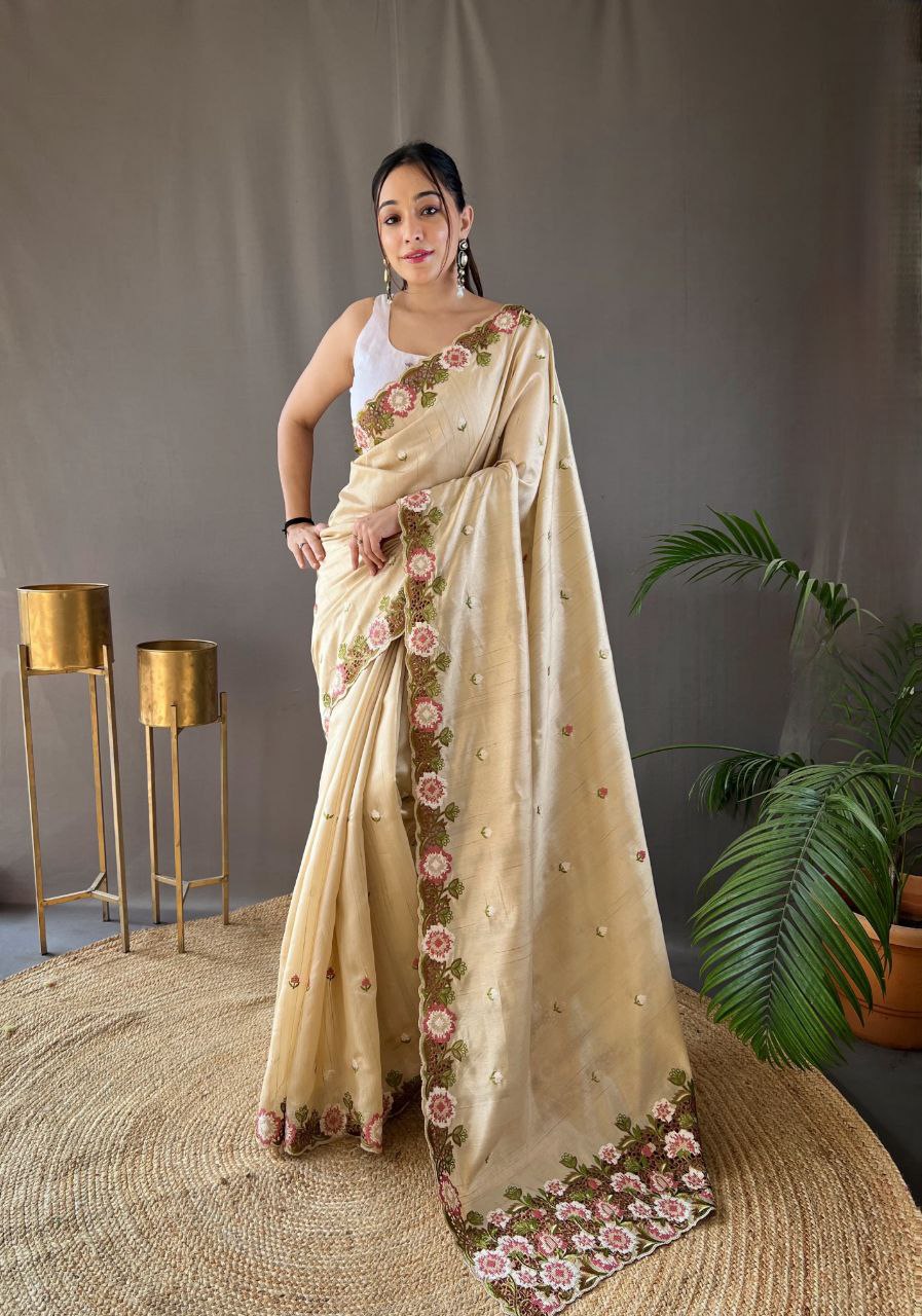 Pure Matka Silk Saree with Embroidered Buttis & Cutwork Pallu