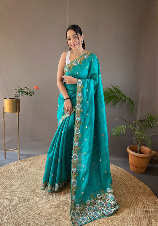 Pure Matka Silk Saree with Embroidered Buttis & Cutwork Pallu