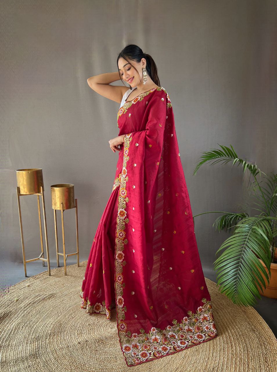 Pure Matka Silk Saree with Embroidered Buttis & Cutwork Pallu