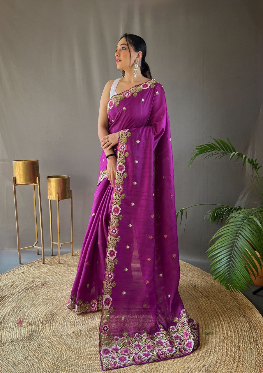 Pure Matka Silk Saree with Embroidered Buttis & Cutwork Pallu