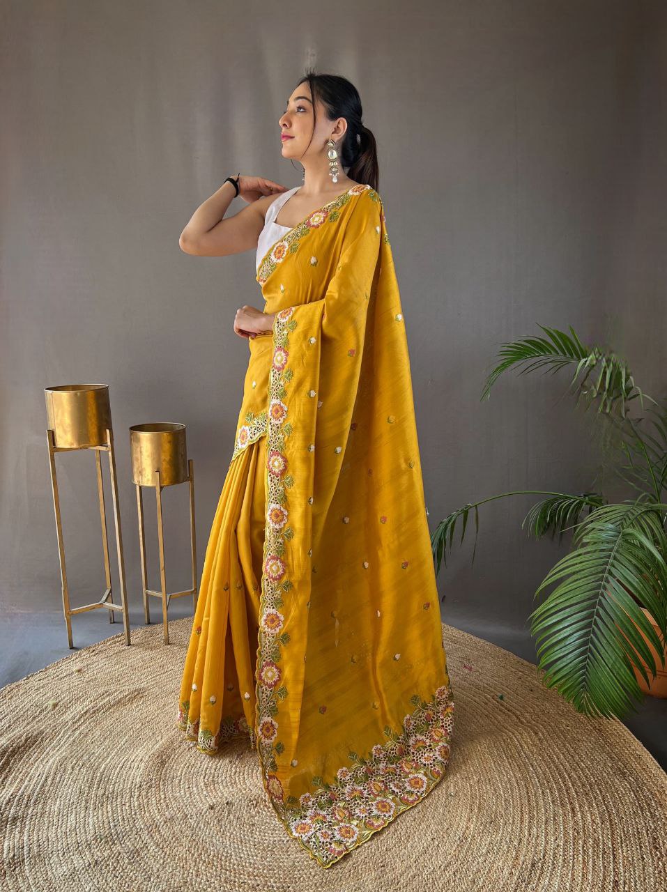 Pure Matka Silk Saree with Embroidered Buttis & Cutwork Pallu