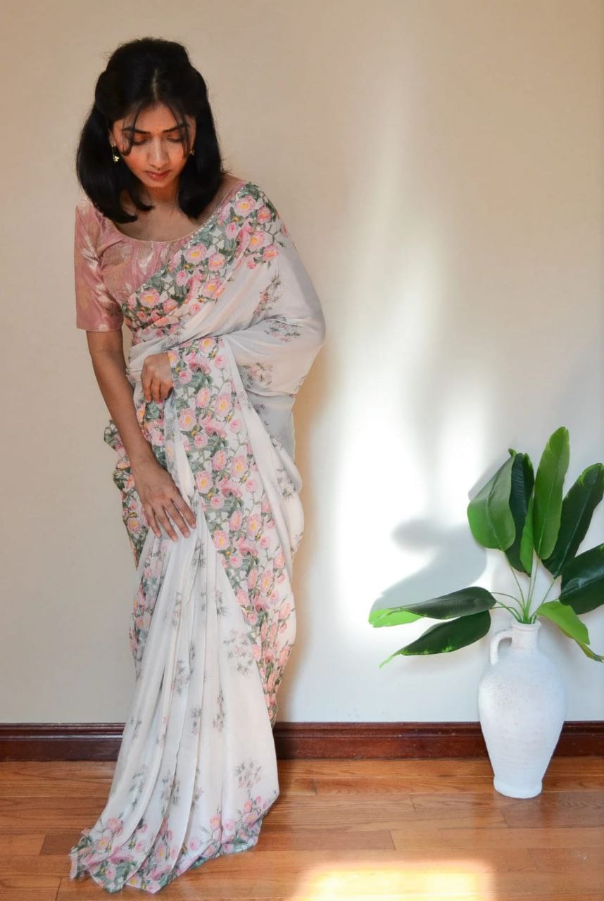 Floral Printed Japan Satin Saree with Digital Print Blouse