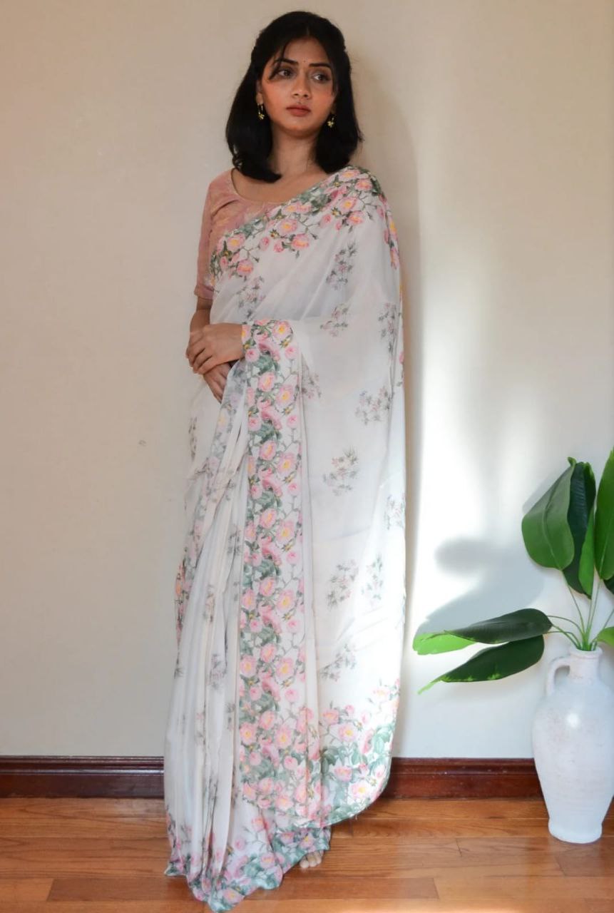 Floral Printed Japan Satin Saree with Digital Print Blouse