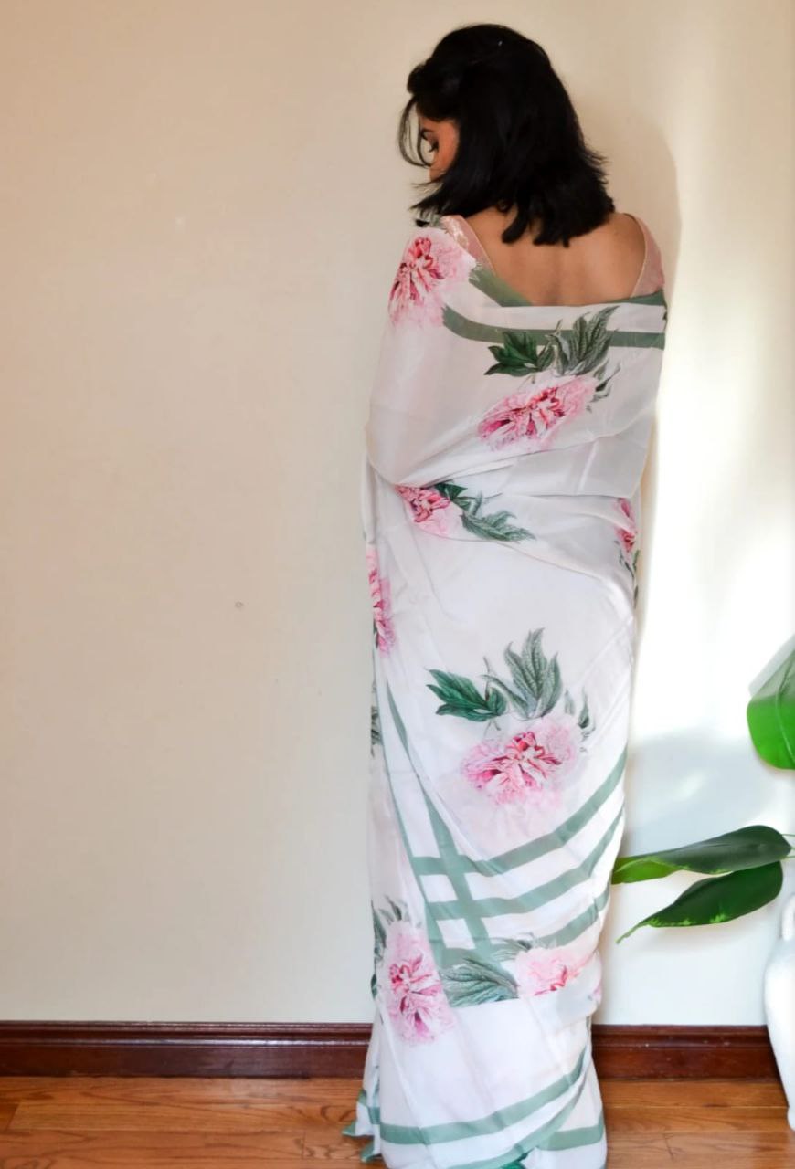 Floral Printed Japan Satin Saree with Digital Print Blouse