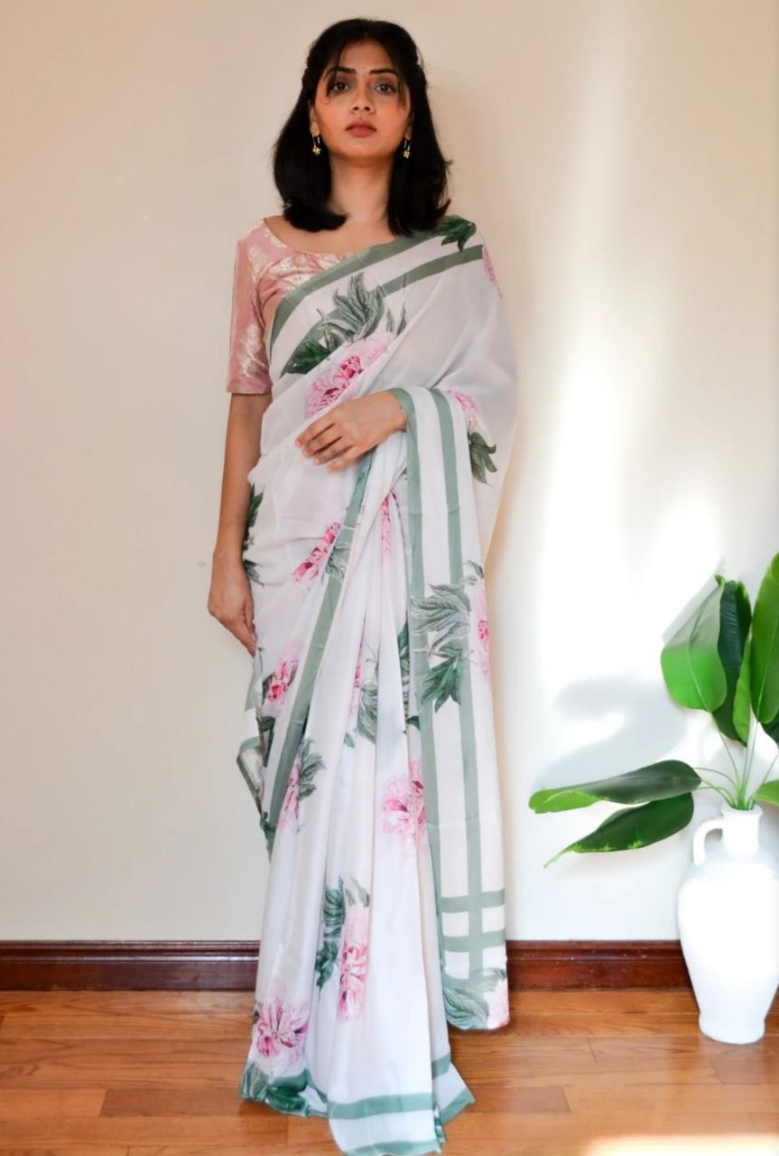 Floral Printed Japan Satin Saree with Digital Print Blouse