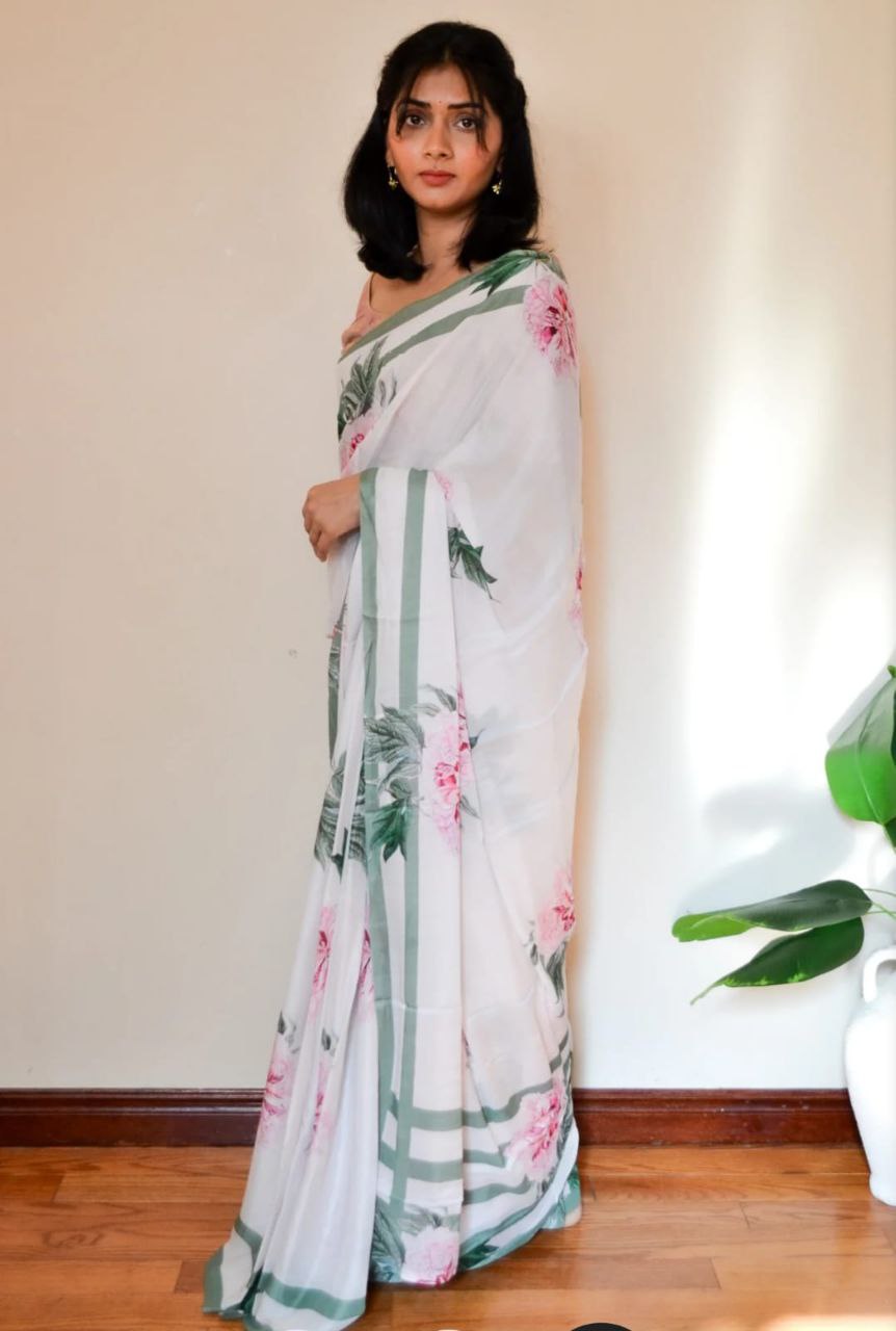 Floral Printed Japan Satin Saree with Digital Print Blouse