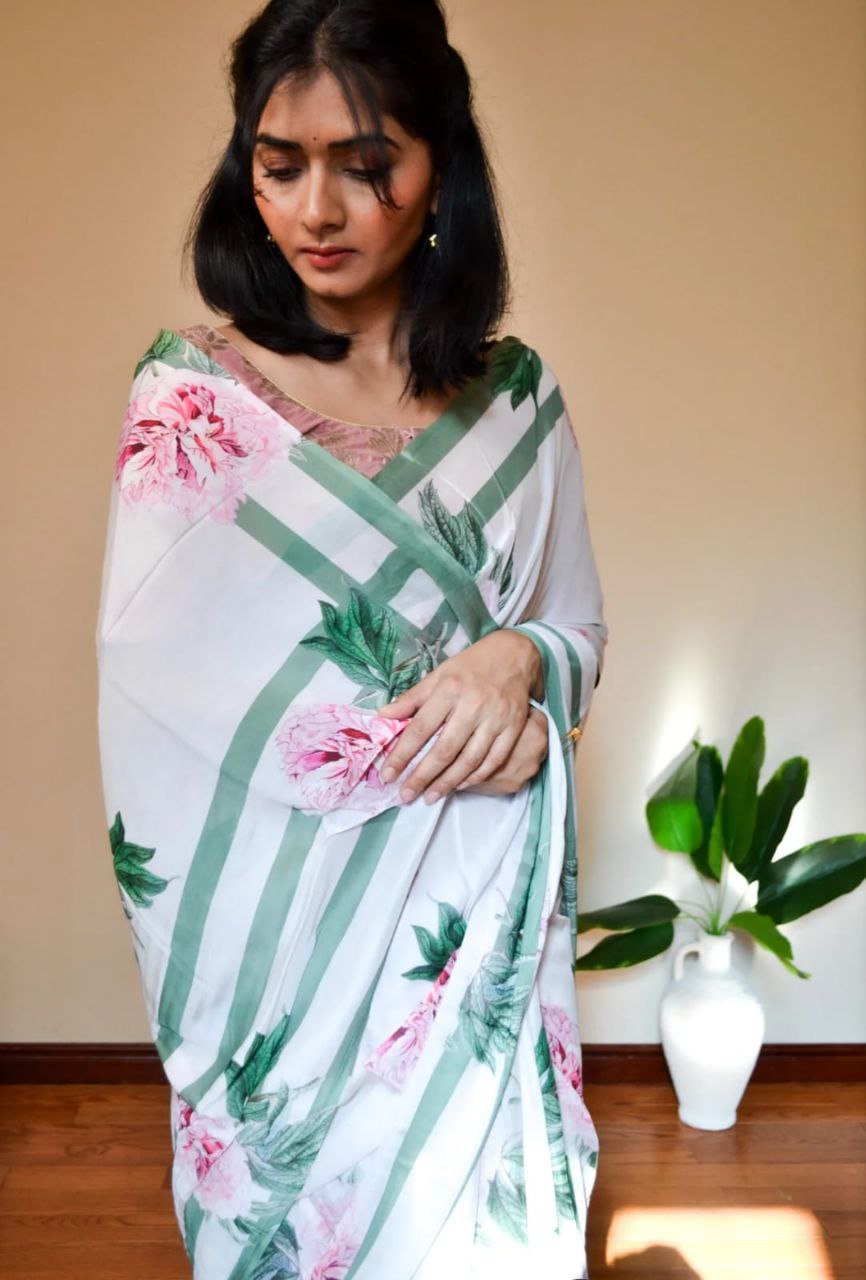 Floral Printed Japan Satin Saree with Digital Print Blouse