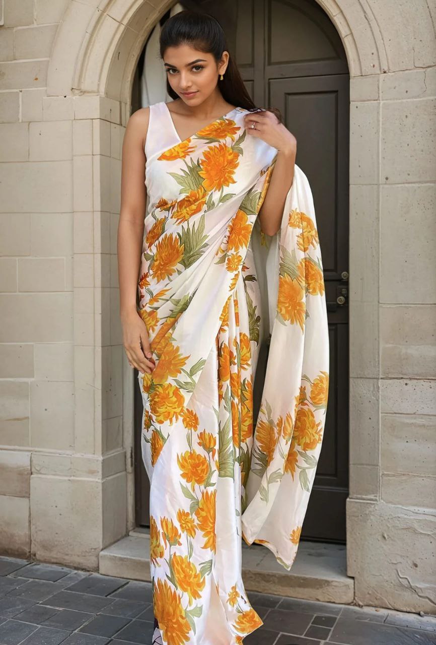 Floral Printed Japan Satin Saree with Digital Print Blouse