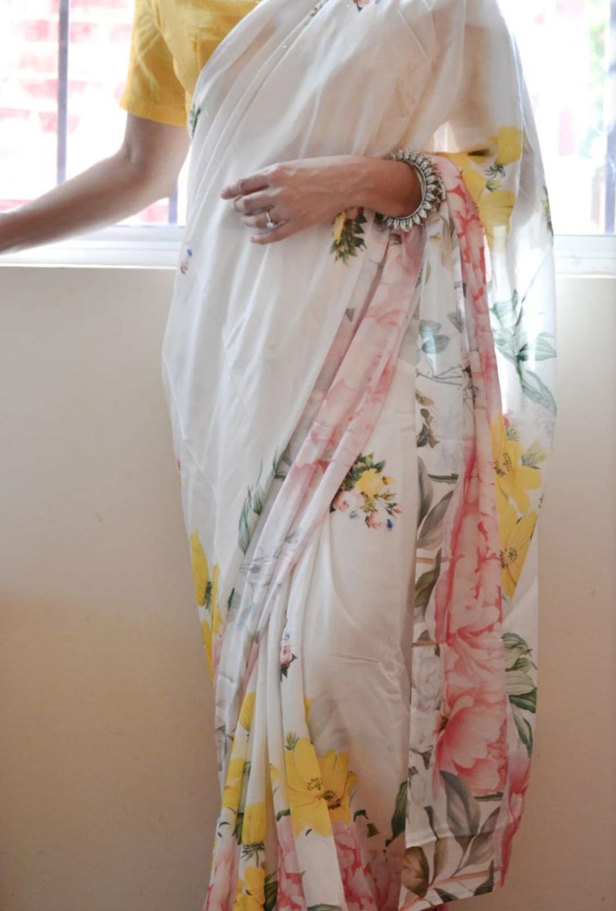 Floral Printed Japan Satin Saree with Digital Print Blouse