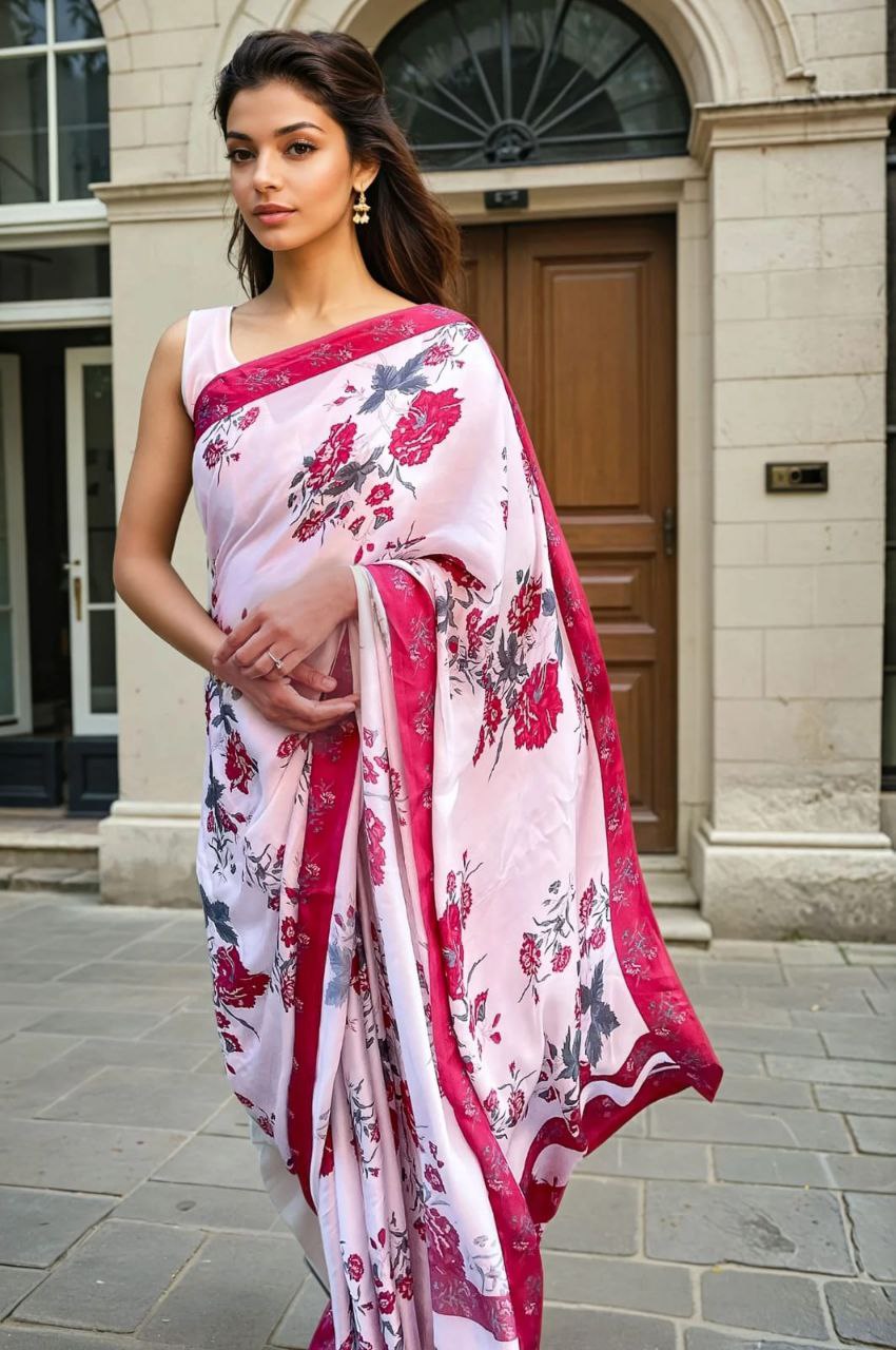 Floral Printed Japan Satin Saree with Digital Print Blouse