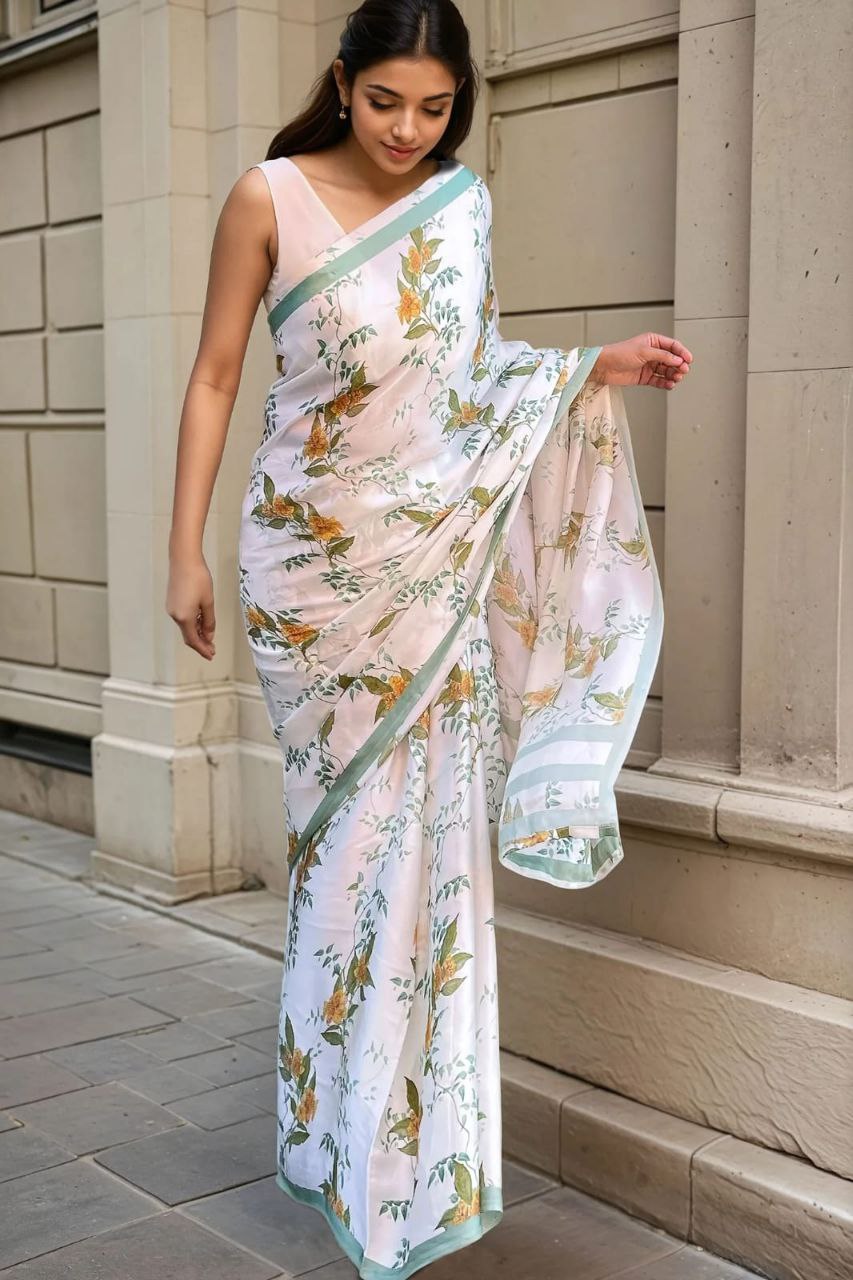 Floral Printed Japan Satin Saree with Digital Print Blouse