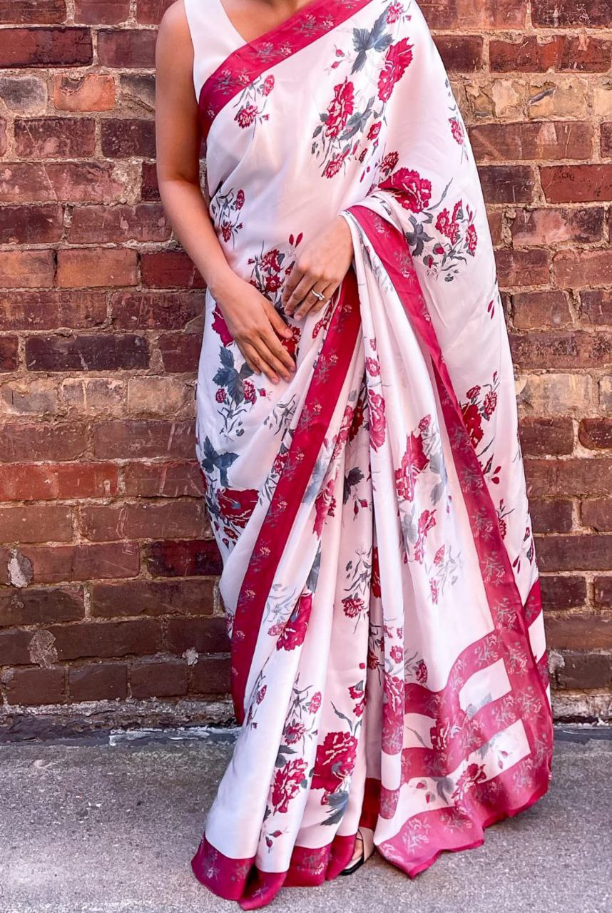 Floral Printed Japan Satin Saree with Digital Print Blouse