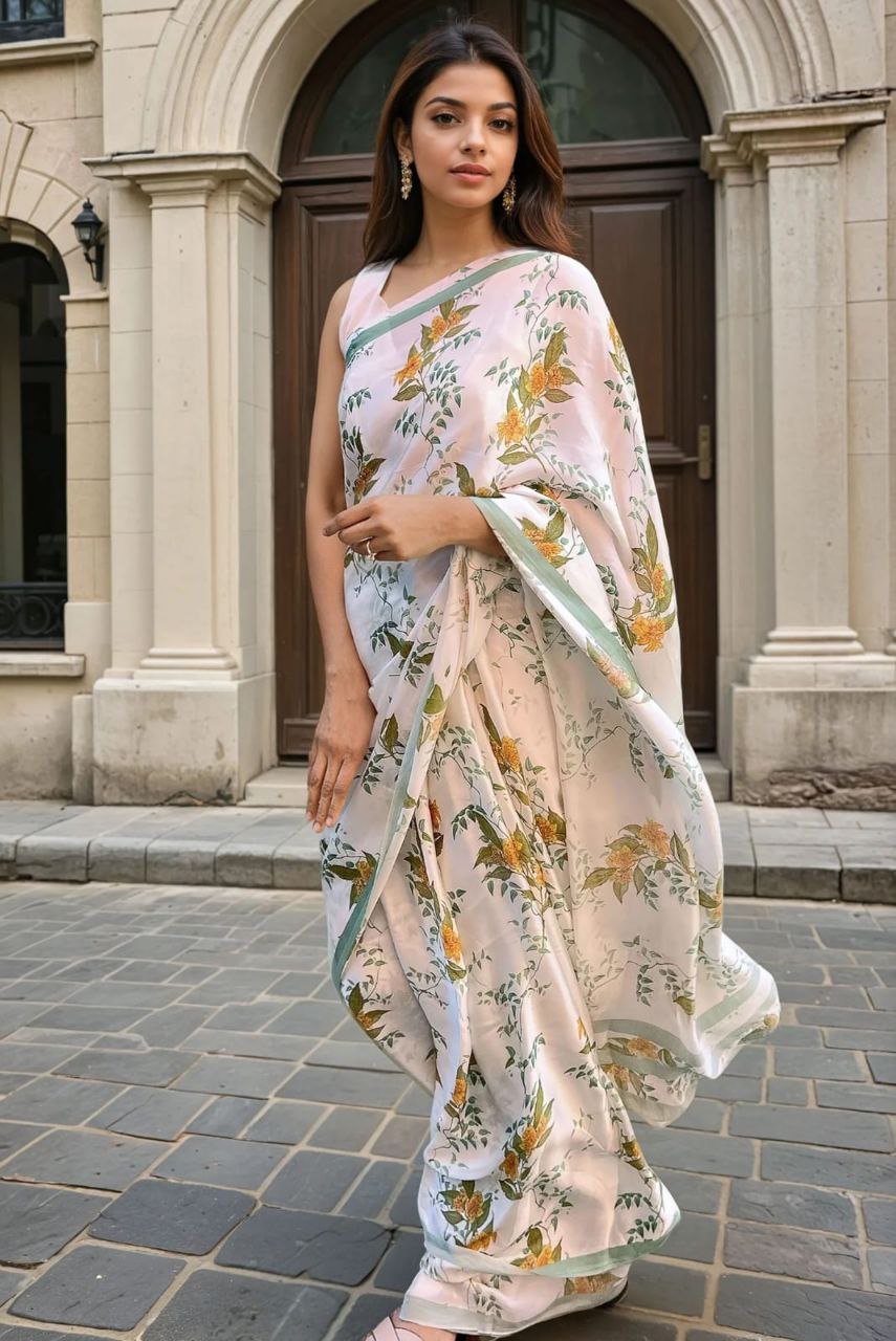 Floral Printed Japan Satin Saree with Digital Print Blouse