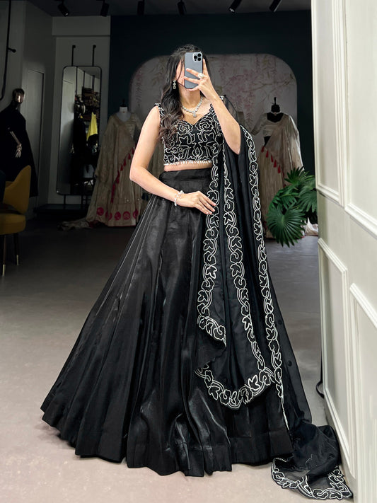 Black Star Satin Lehenga Choli with Pearl & Sequins Embroidery Work