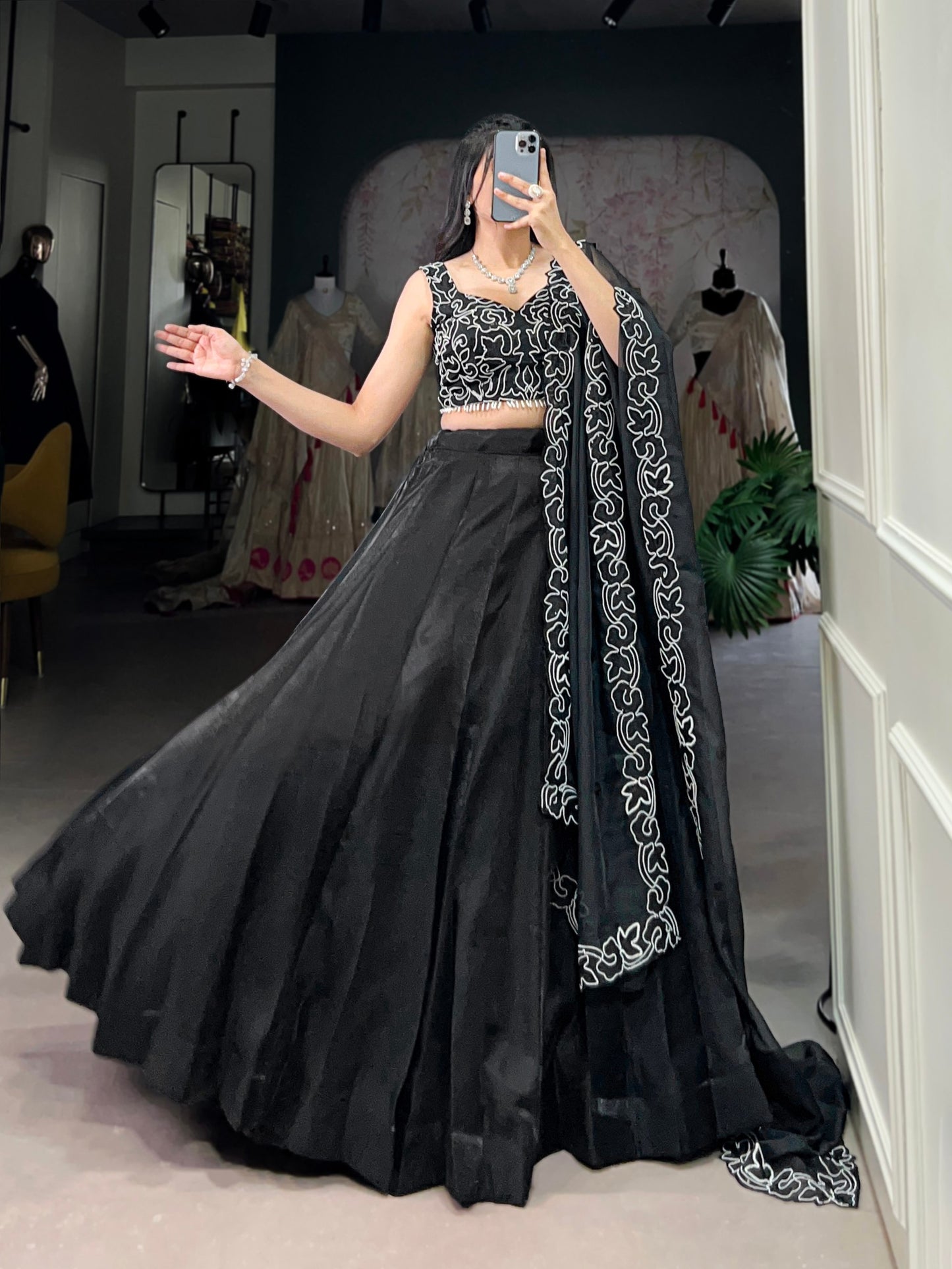 Black Star Satin Lehenga Choli with Pearl & Sequins Embroidery Work