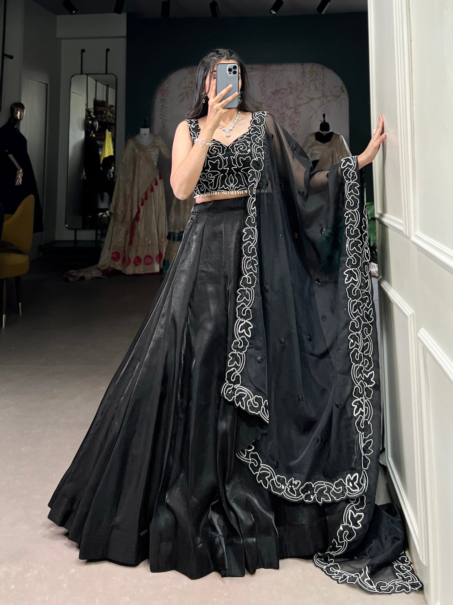 Black Star Satin Lehenga Choli with Pearl & Sequins Embroidery Work