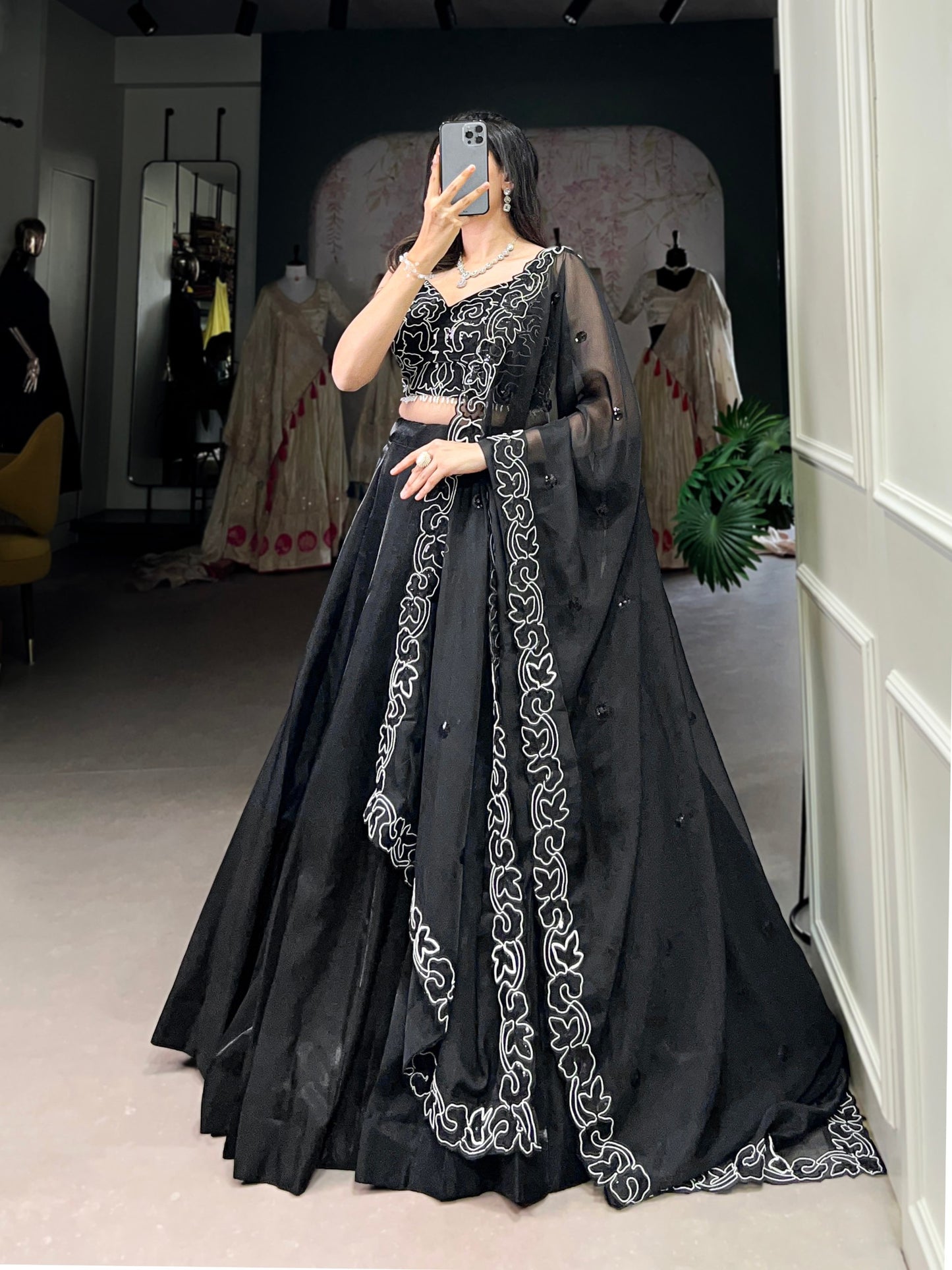 Black Star Satin Lehenga Choli with Pearl & Sequins Embroidery Work