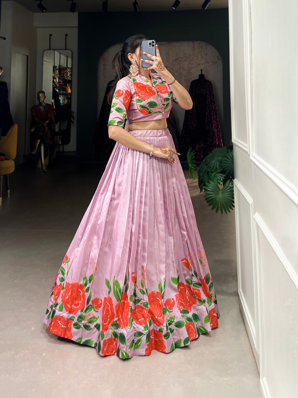 Elegant  Floral Print & Lace Work Tussar Silk Co-ord Set Lehenga Choli