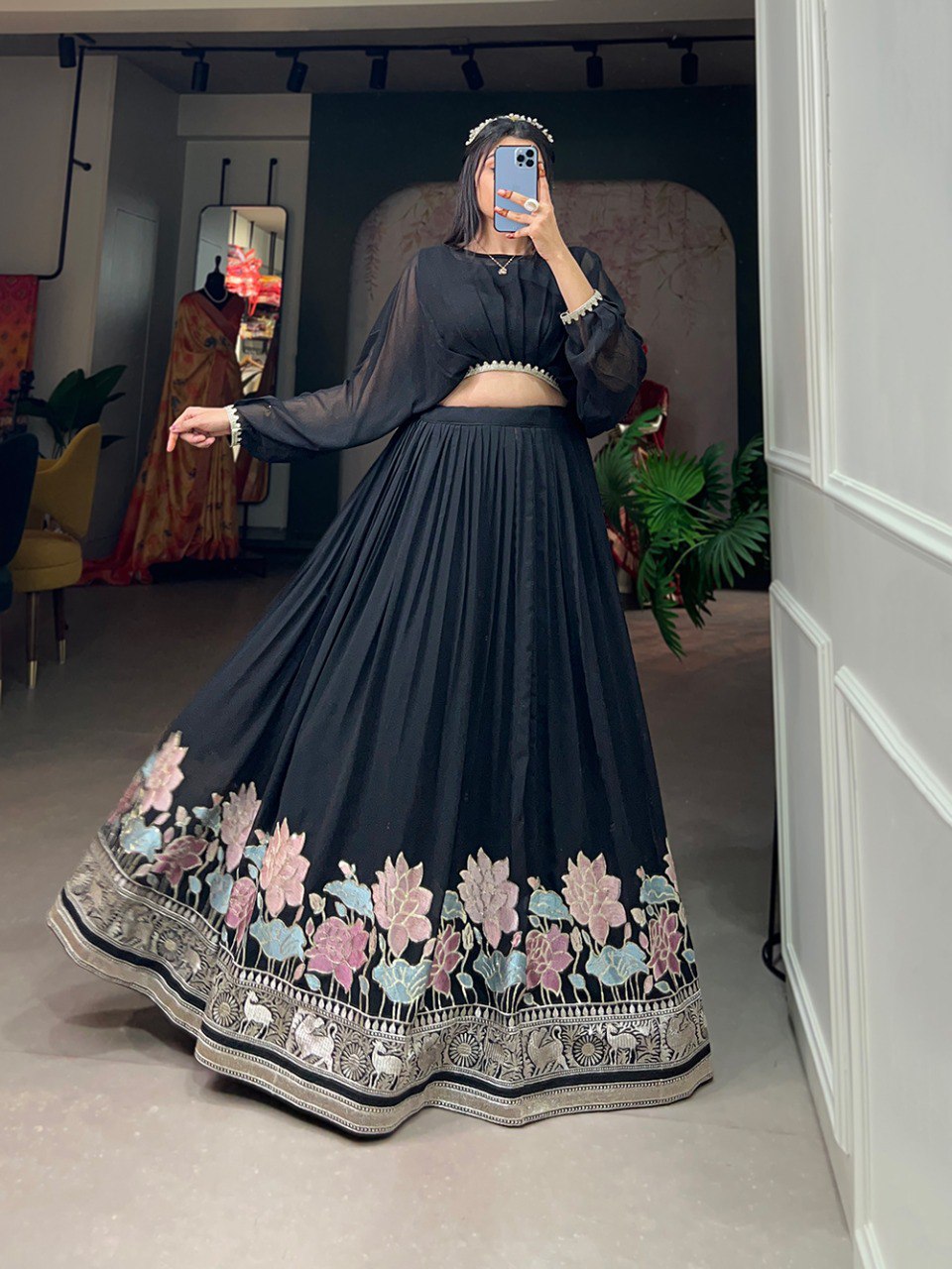 🌟 Elegant Co-ord Lehenga Choli Set – Embroidered Georgette with Lace Border 🌟