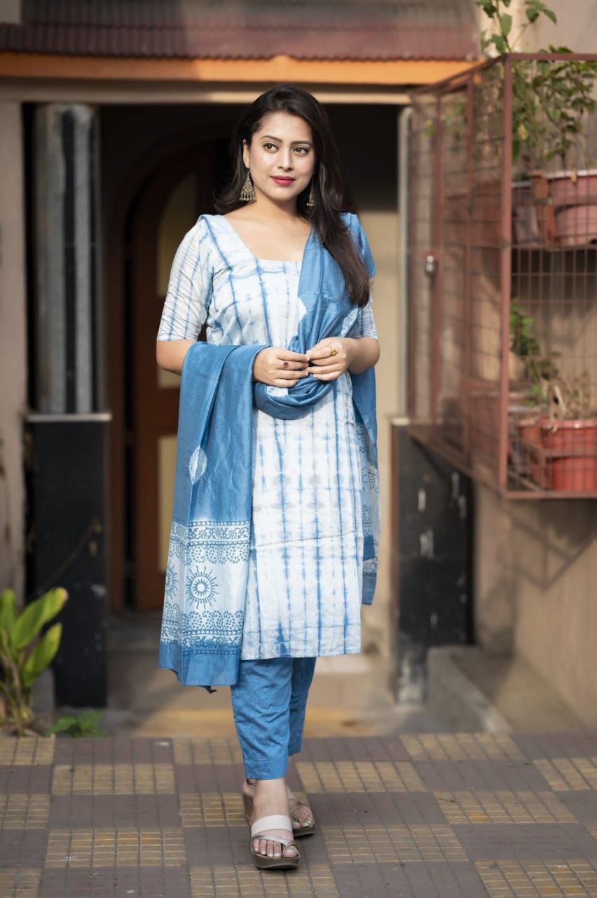 New Chanderi Cotton Tie & Dye Shibori Bandhej Printed Unstitched Dress Material