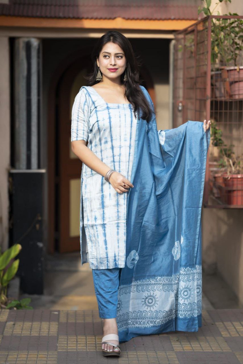 New Chanderi Cotton Tie & Dye Shibori Bandhej Printed Unstitched Dress Material