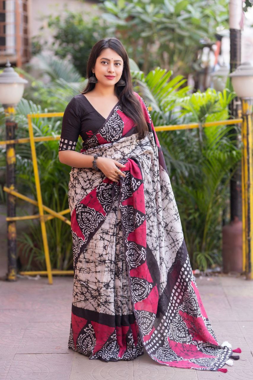 Pure Chanderi Cotton Shibori Batik Print  Saree with and Unstitched Blouse