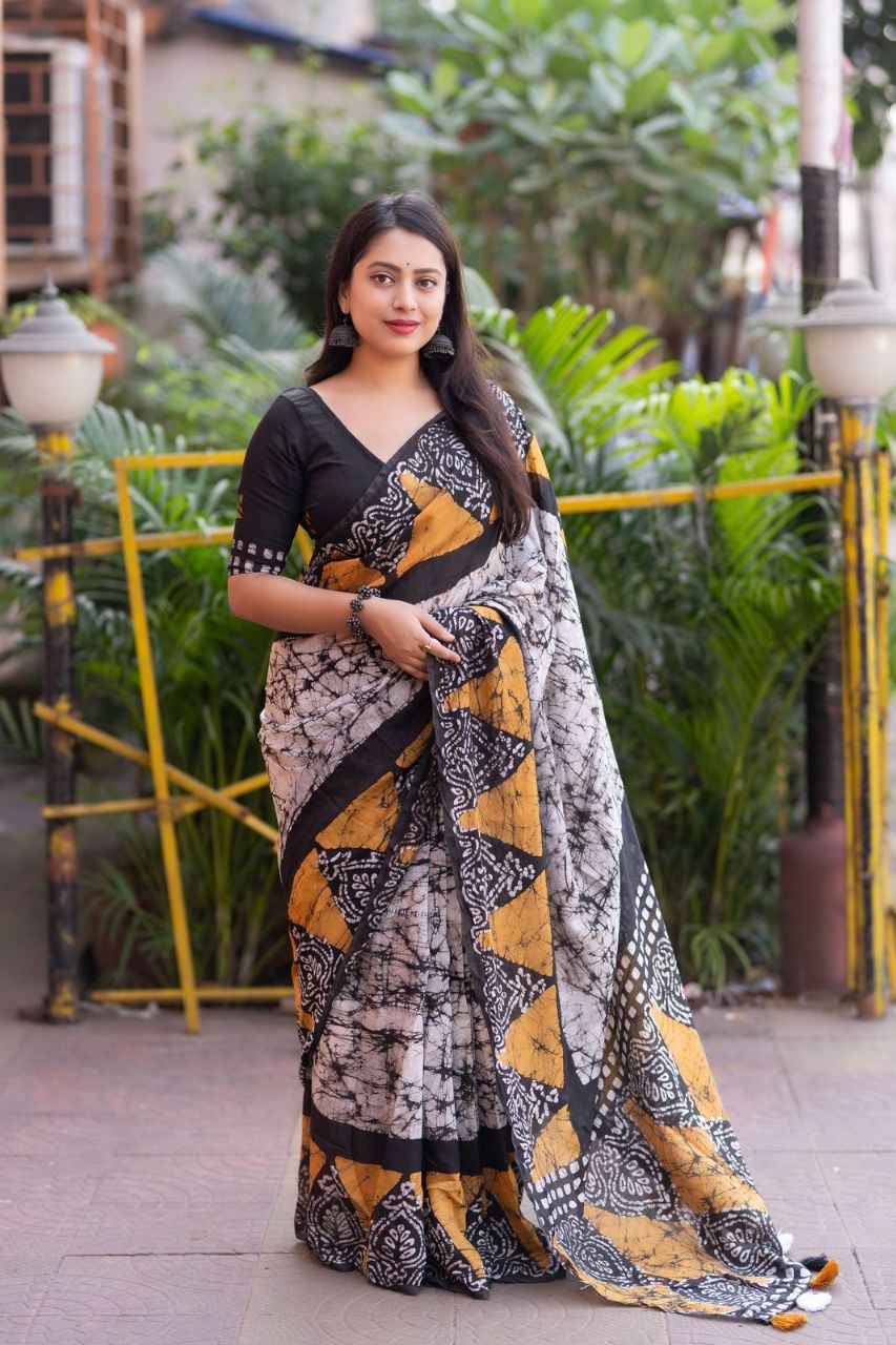 Pure Chanderi Cotton Shibori Batik Print  Saree with and Unstitched Blouse