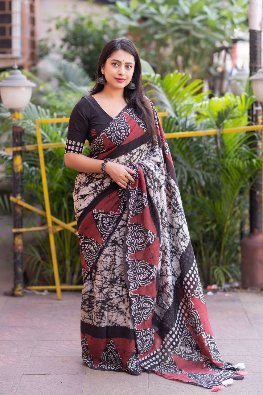 Pure Chanderi Cotton Shibori Batik Print  Saree with and Unstitched Blouse