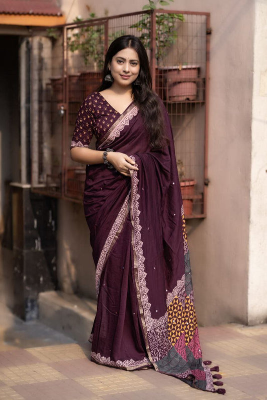 Pure Chanderi Cotton Aari Mirror Work Hand-Block Printed Saree With Blouse