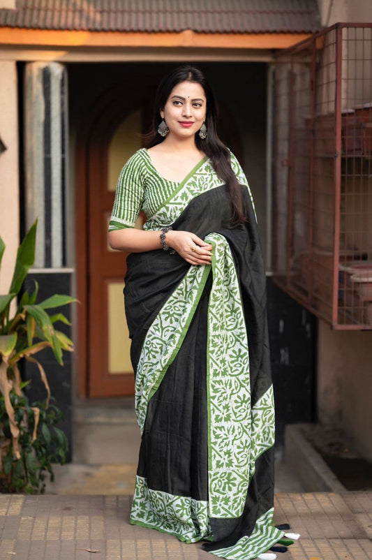 Pure Chanderi Cotton Bagru Printed Saree with Leheriya Blouse