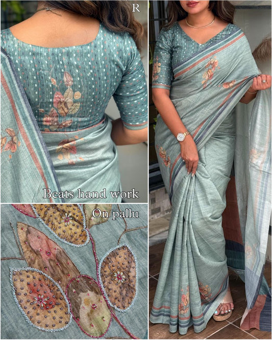 Beats Hand Work Digital Printed Pure Tusser Cotton Saree with Blouse