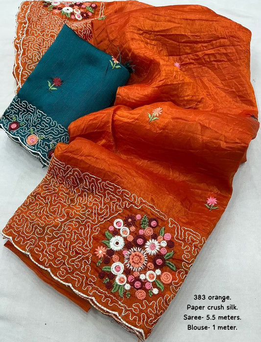 Soft Paper Crush Embroidery Saree with Contrast Phantom Silk Blouse