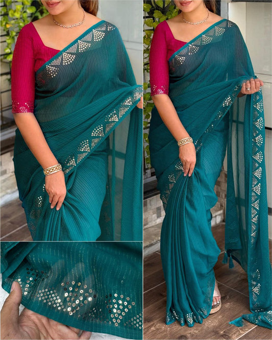 Elegant  Zari Weaving Sequins Work Georgette Saree with Blouse