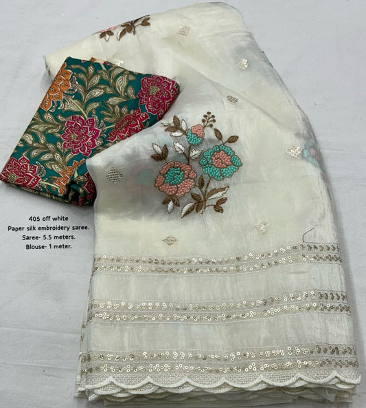 Elegant Vanilla Off-White Embroidered Paper Silk Saree with Floral Crape Blouse