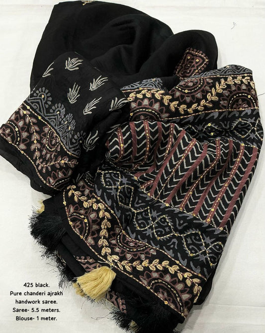 Premium Kantha Work & Tassels Black Ajrakh Handwork Chanderi Cotton Saree with Blouse
